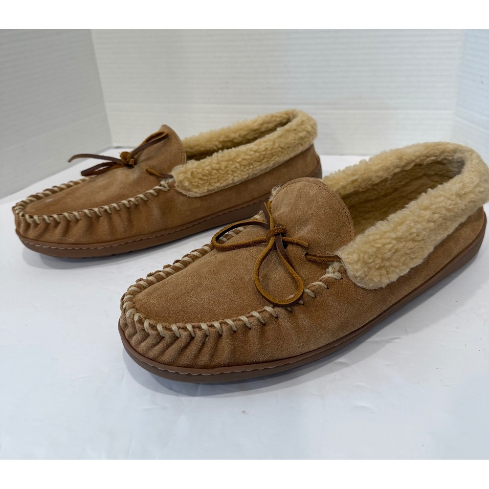 Minnetonka Mens Tan Suede Shearling Lined Whipstitch Moccasin Slippers Sz 12